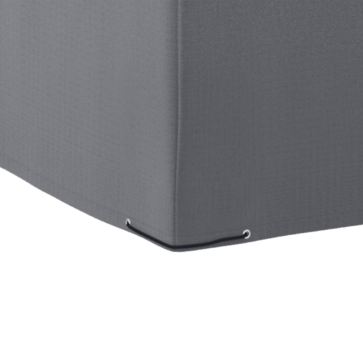 Close-up of grey cover corner with metal eyelets and a securing pull tab.