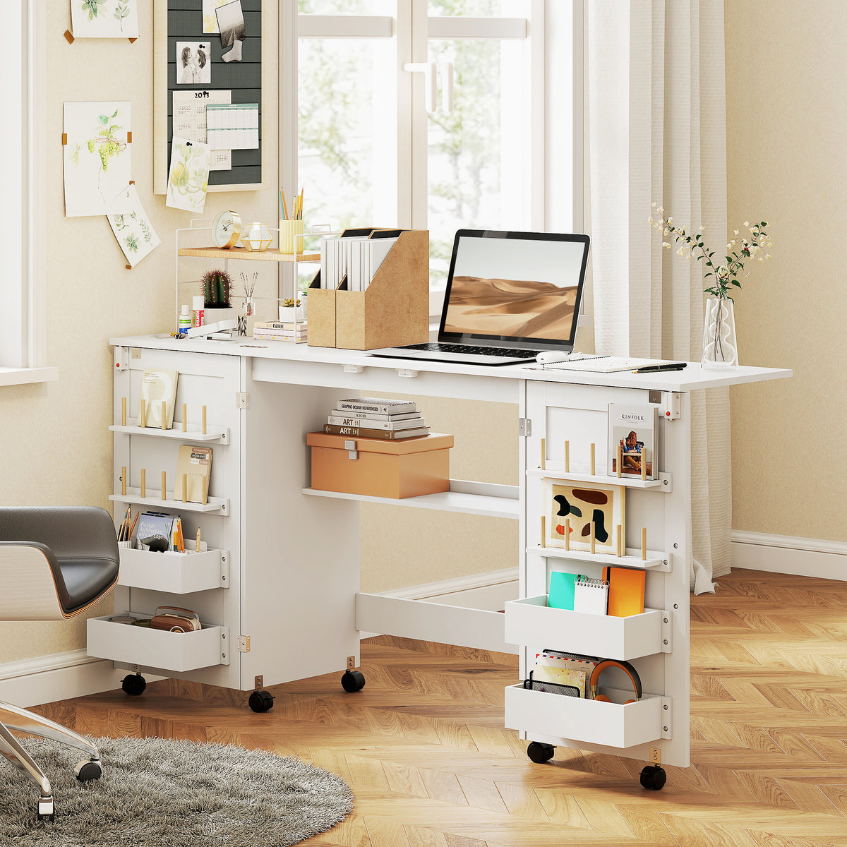 HOMCOM Folding Sewing Table with 2 Magnetic Doors, Storage Shelf, Lockable Wheels, Space Saving, White