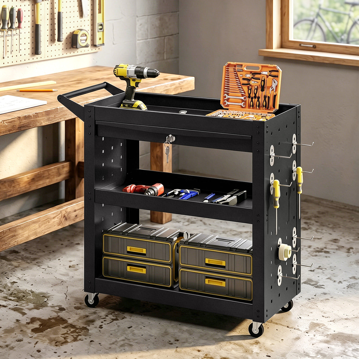 HOMCOM Tool Cart with Lockable Wheels, Rolling Workshop Cart with 3-Tier Trays, Drawer, Pegboards, Black