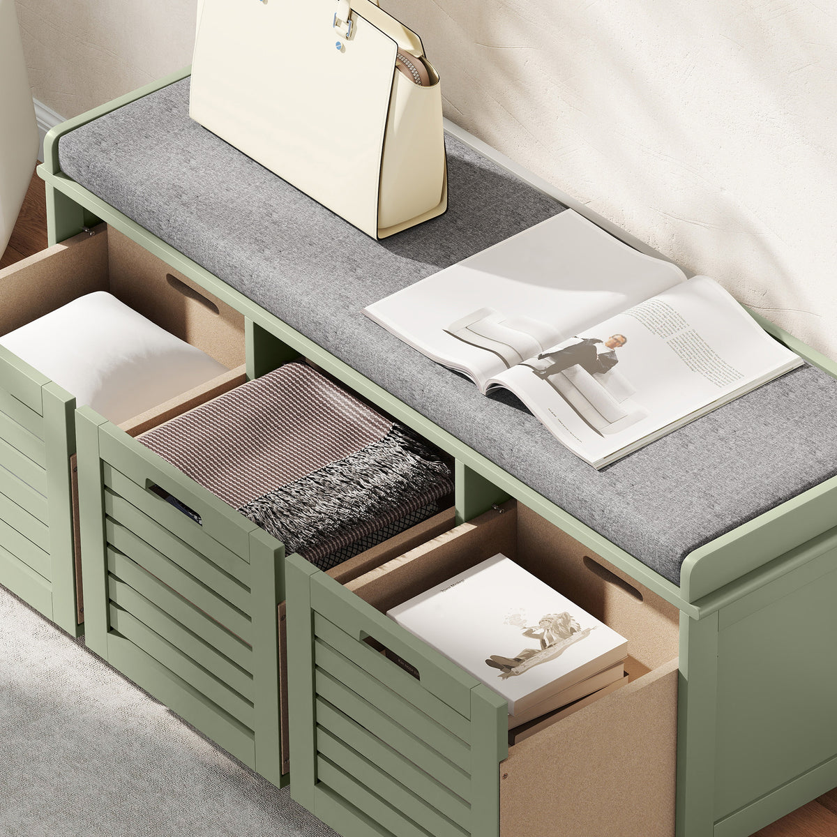 HOMCOM 3-Drawer Shoe Storage Bench with 160kg Capacity & 3 fully pull-out drawers - Green