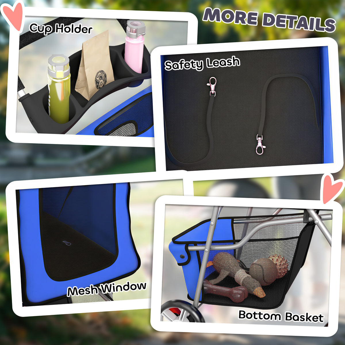 PawHut Dog Pram, Pet Stroller with Reflective Strips, Foldable Cat Stroller with 360° Swivel Wheels, Blue