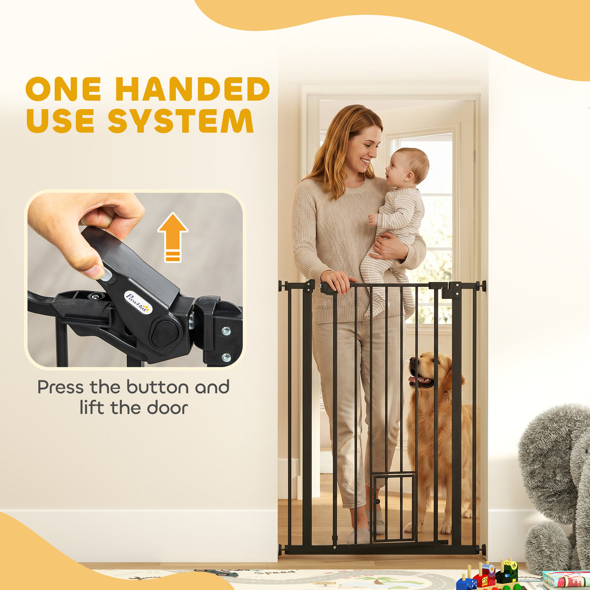 Black metal pet gate with one-handed lift latch and small cat flap