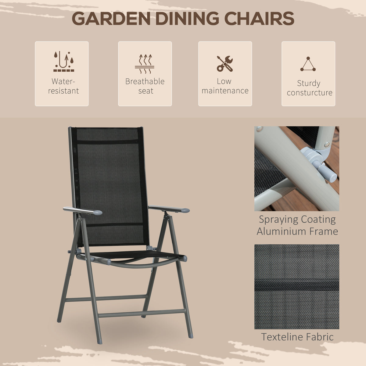 Outsunny garden dining chair with black Texteline mesh and a silver-colored aluminum frame