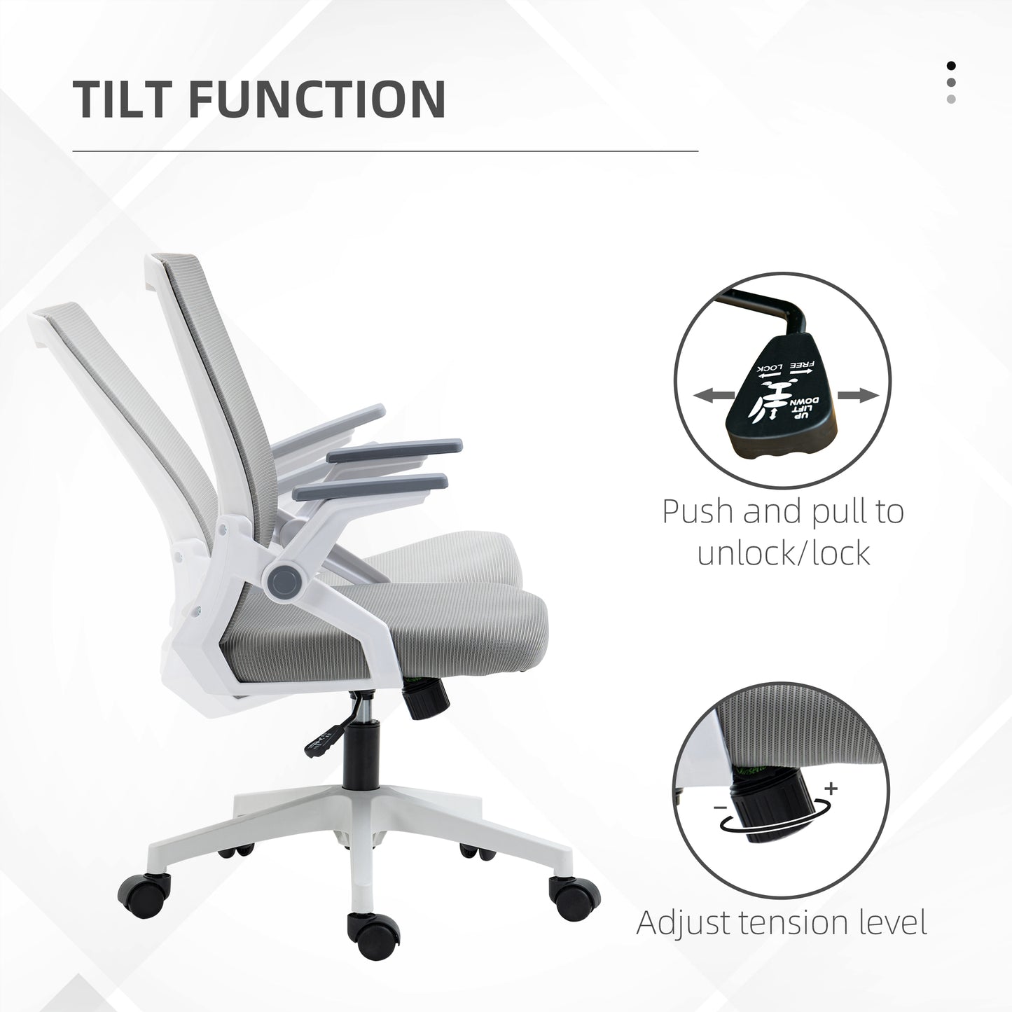 Vinsetto mesh office chair side view showing tilt function and tension adjustment