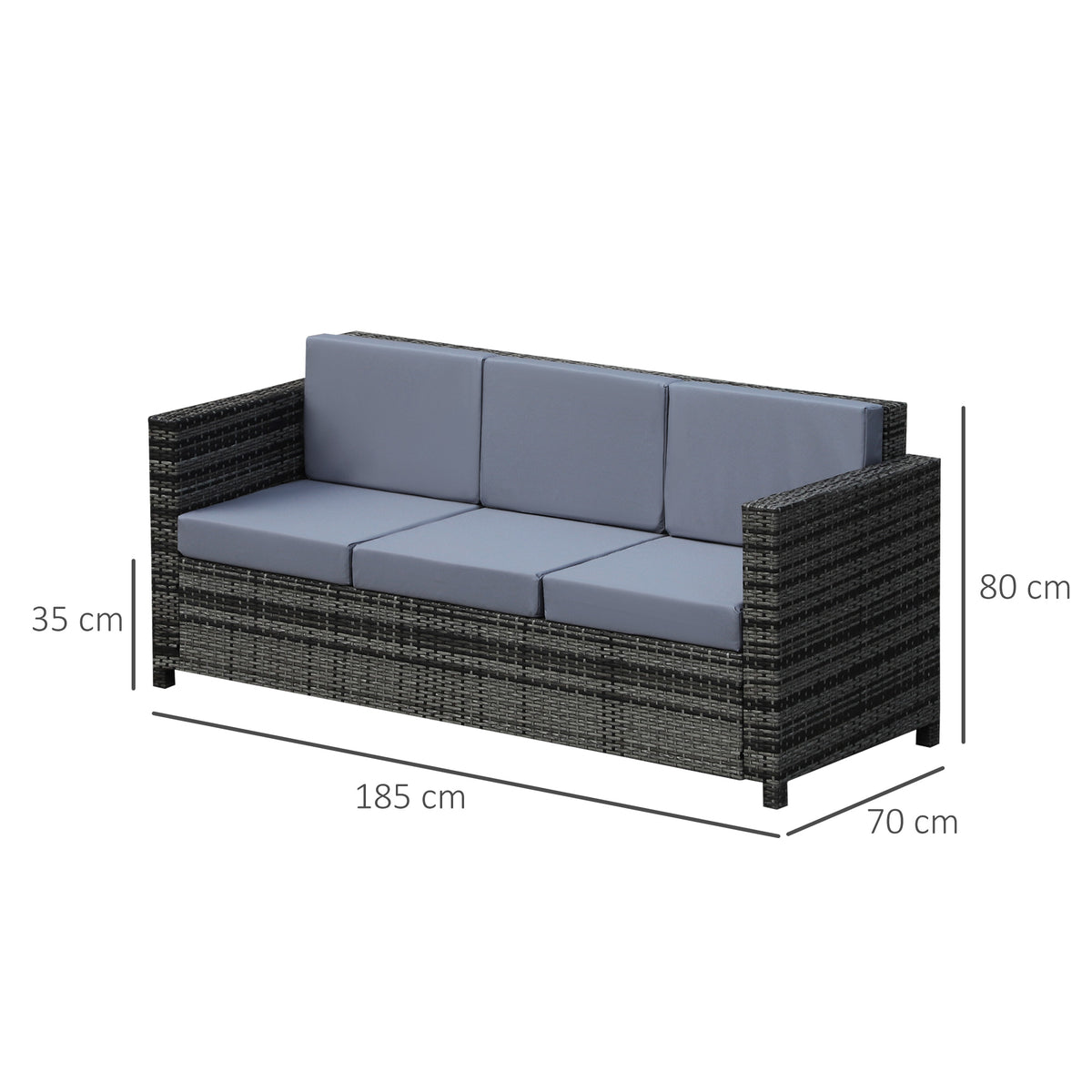 Three-seat rattan sofa with grey cushions, shown with dimensions of 185 by 70 by 80 cm.
