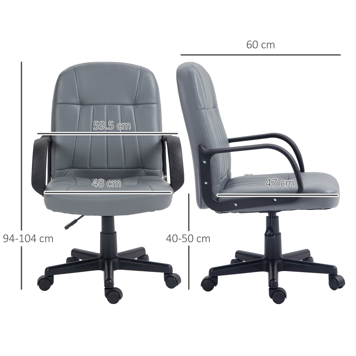 Grey PU leather office chair shown from front and side with adjustable height and size measurements
