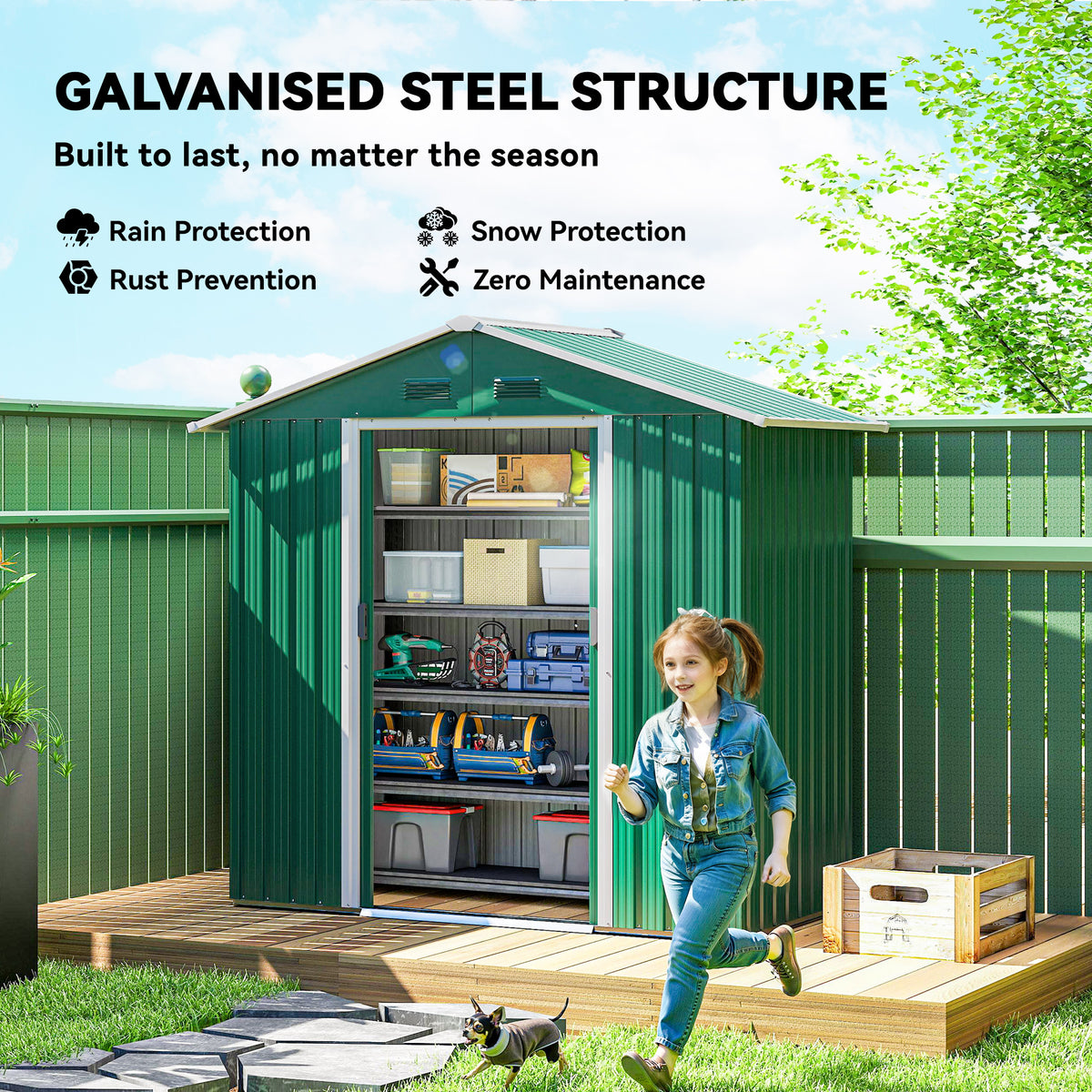 Green galvanized steel garden shed with open doors and organized tool storage shelves