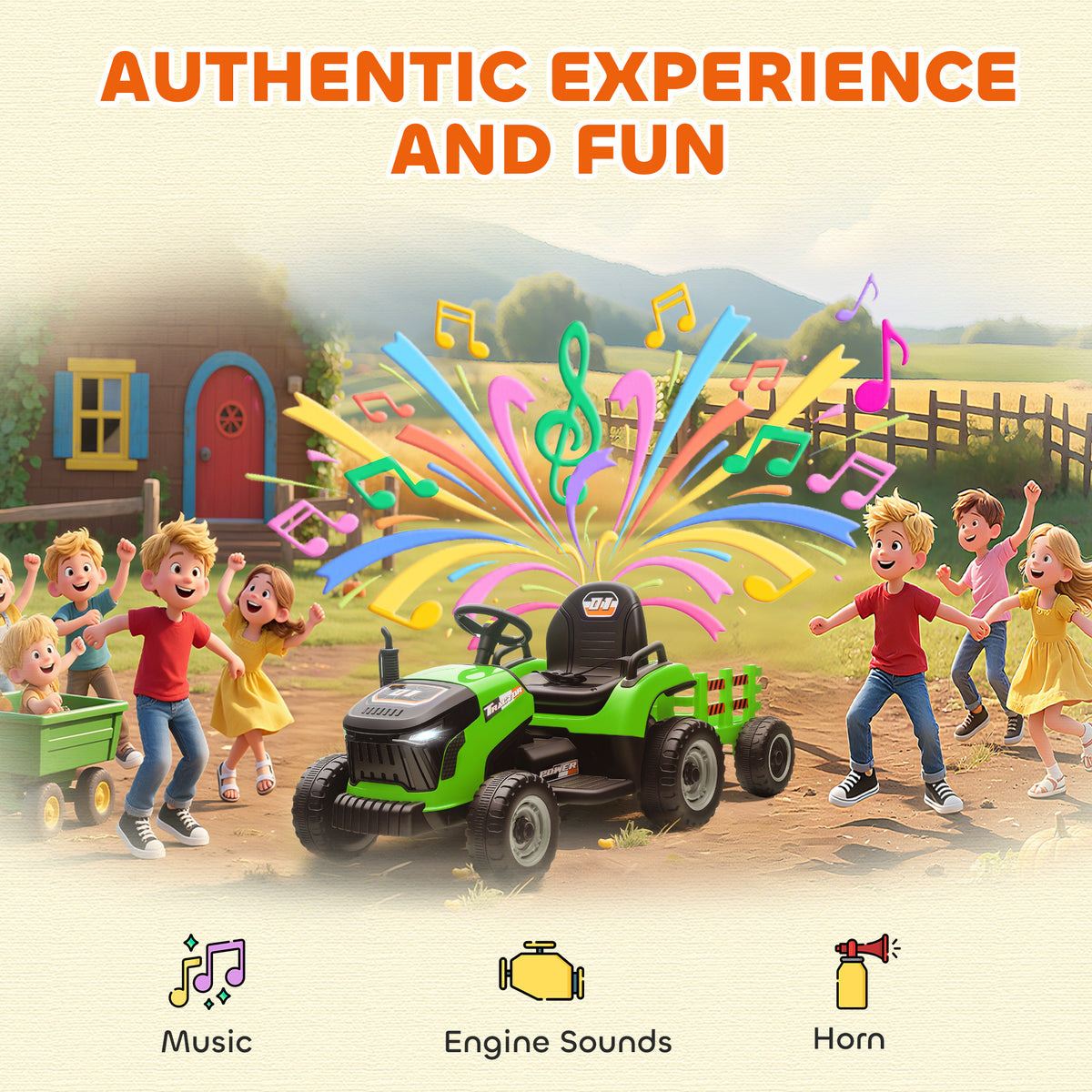 AIYAPLAY 12V Ride on Tractor and Trailer with Remote Control, Music, Shifter, Start-Up Sound, for Kids Ages 3-8 Years, Green