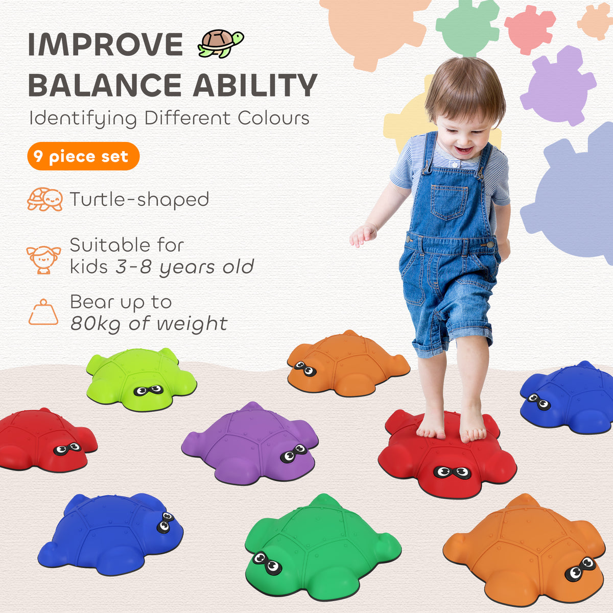 AIYAPLAY 9-Piece Balance Stepping Stones with Non-Slip Edge, Indoor Outdoor Obstacle Course for Ages 3-8 Years, Multicoloured