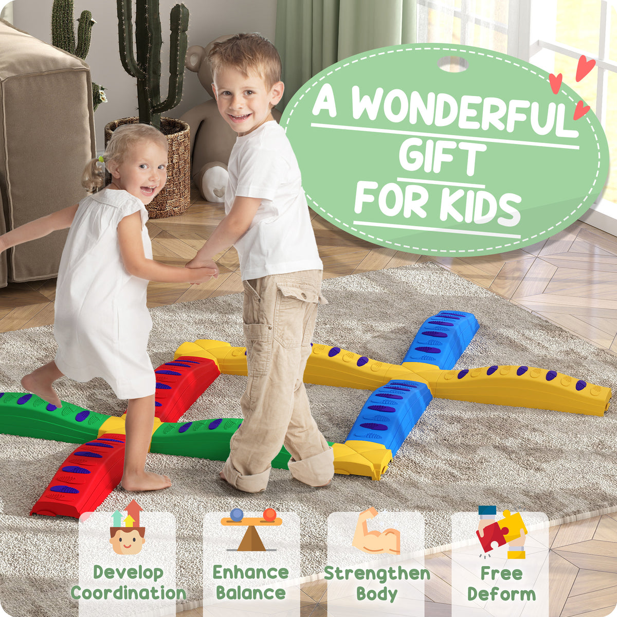 Children stepping across a multicoloured balance beam and stepping stone course