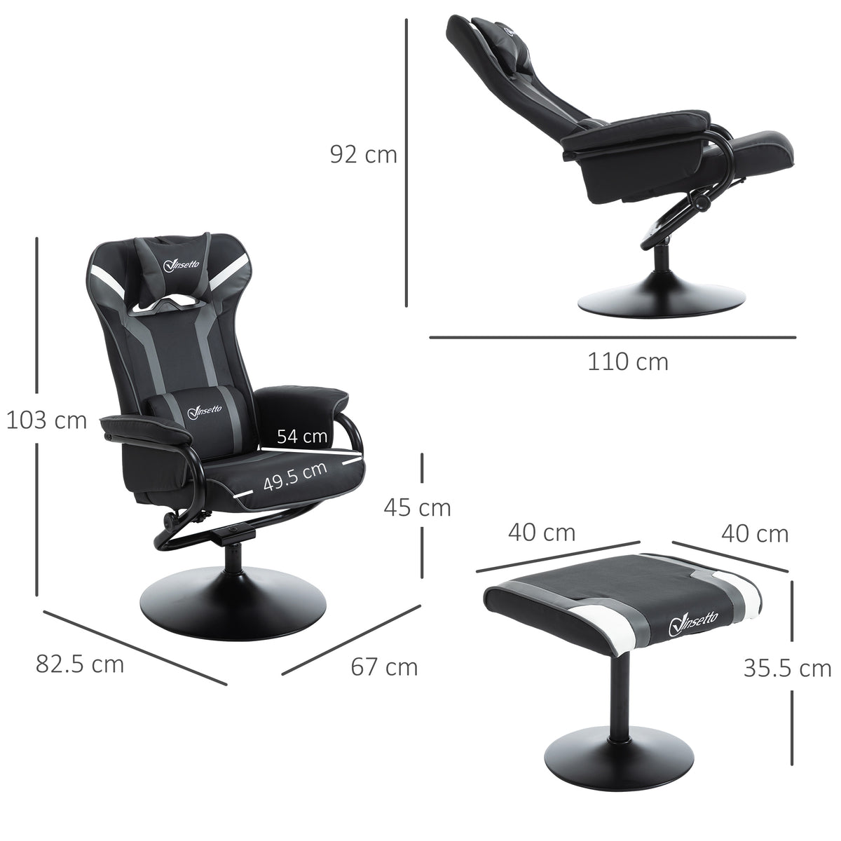 Vinsetto recliner and footstool set with dimension labels, shown upright and reclined