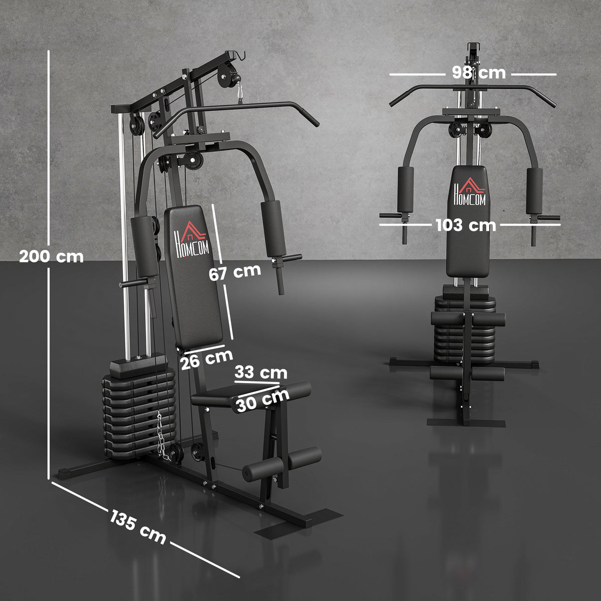 HOMCOM home gym machine with 45 kg weight stack and labeled dimensions