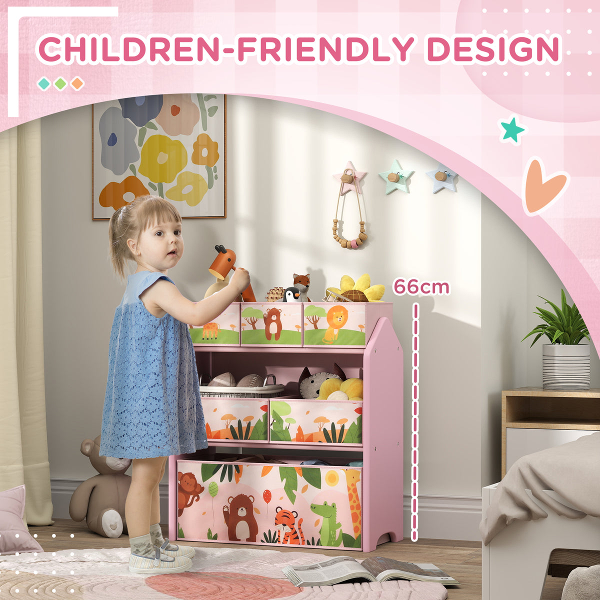AIYAPLAY children's toy storage unit shown beside a child for scale