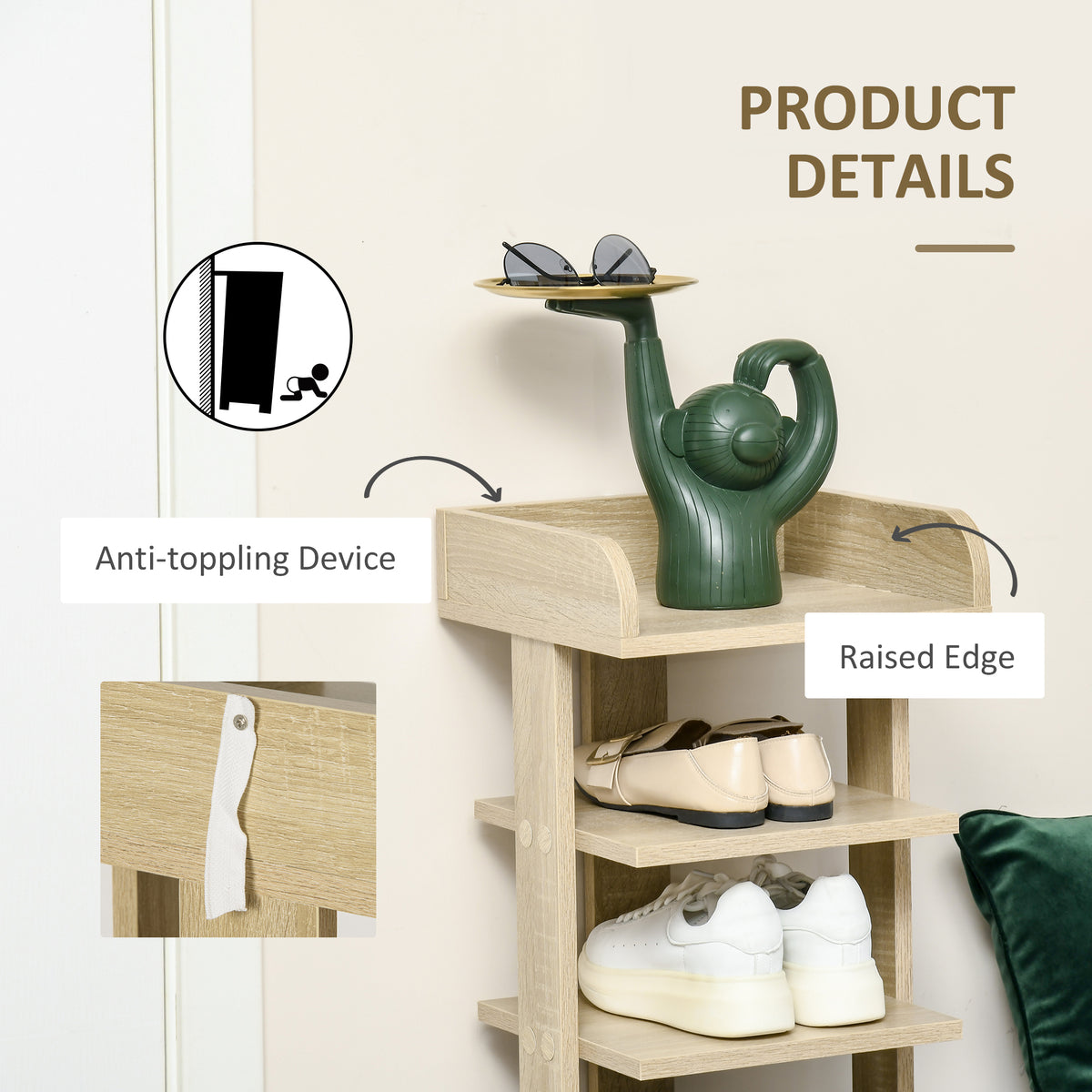 Oak shoe rack with raised top edge and anti-tipping attachment