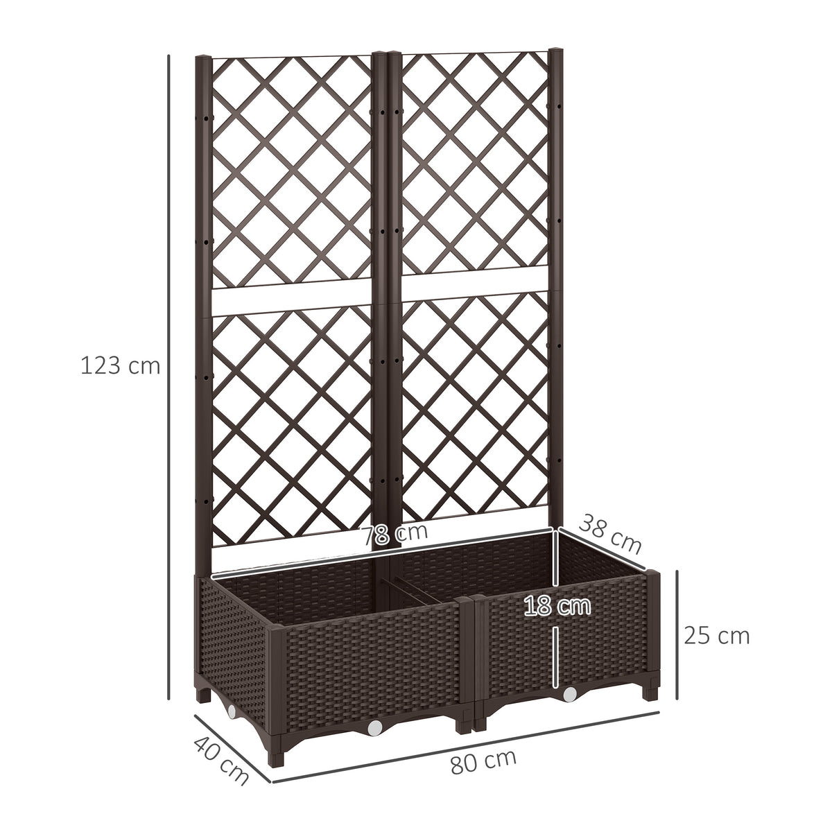 Brown raised garden bed with trellis, shown with dimensions of 80 by 40 by 123 cm