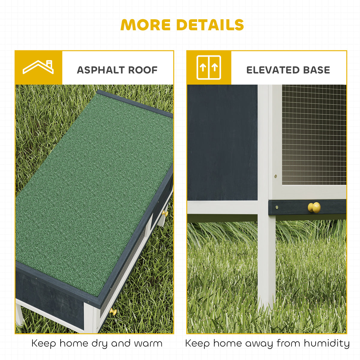 PawHut rabbit hutch details showing its green asphalt roof and elevated base