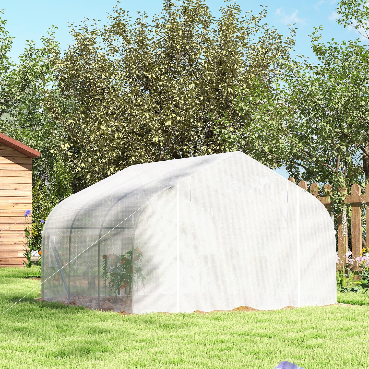 Outsunny Walk-In Polytunnel Greenhouse Warm House Garden Tunnel Shelter Plant Shed with Door and Windows, Galvanised Steel Frame, 4.5 x 3 x 2m, White