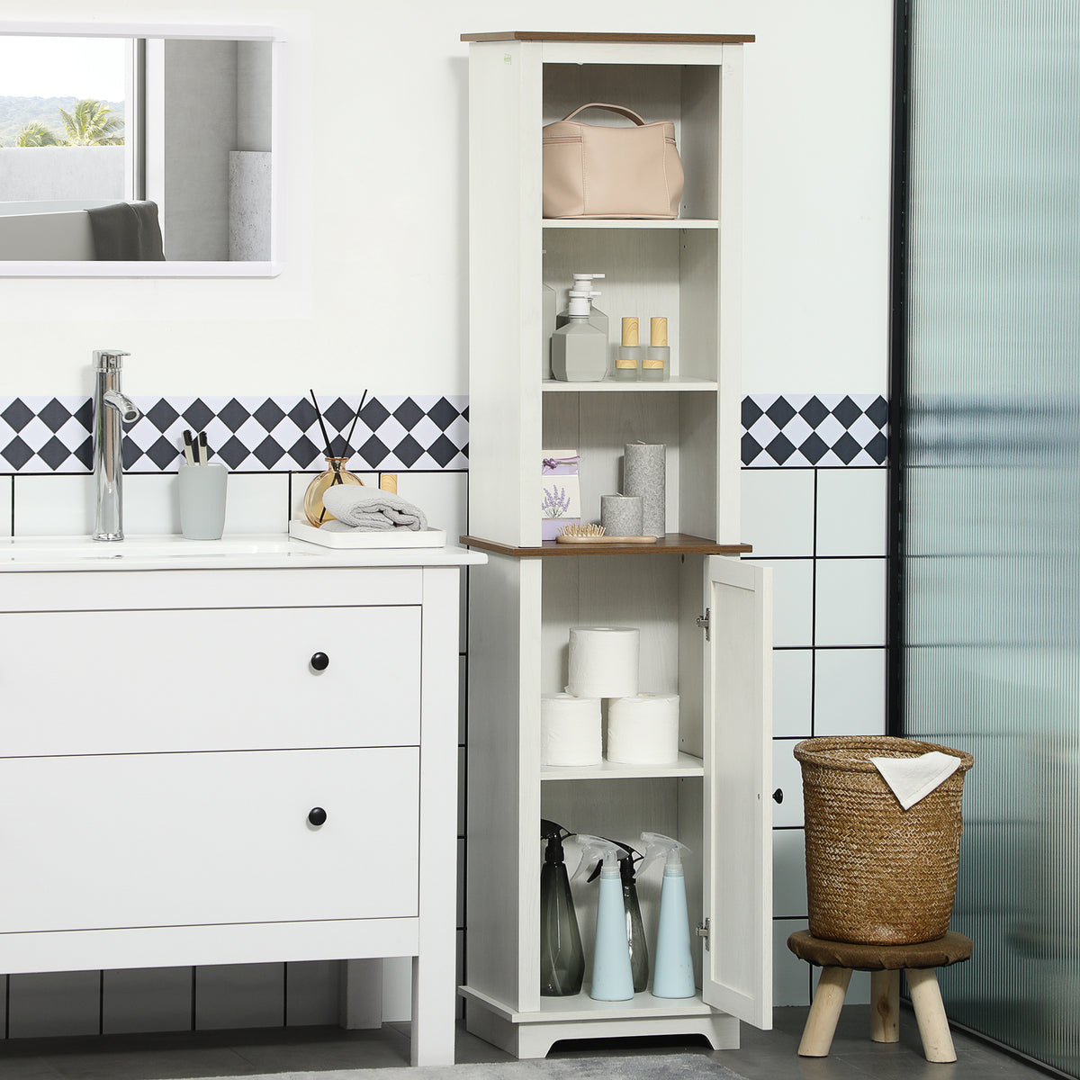 White tall bathroom cabinet with open shelves and its lower door open