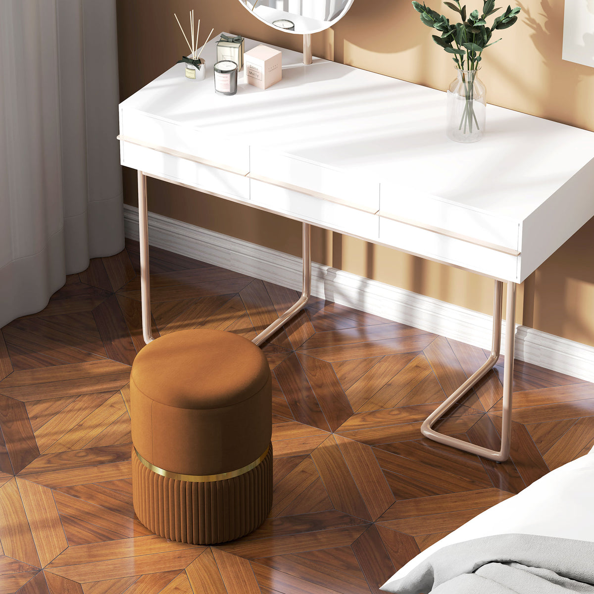 Brown storage ottoman positioned as a seat beneath a vanity desk