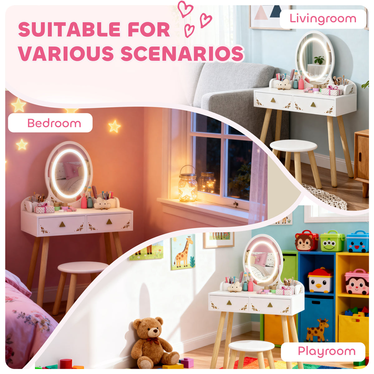 AIYAPLAY Kids Vanity Table and Chair Set with 3-Colour LED Lights Mirror, Drawer, Storage Boxes, for 3+ Years, White