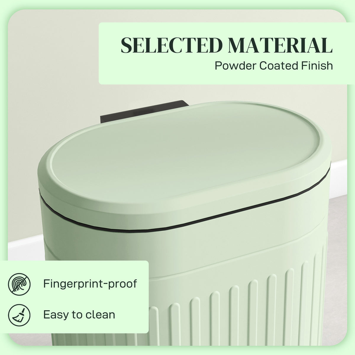 Close-up of the light green bin's smooth lid and powder-coated finish