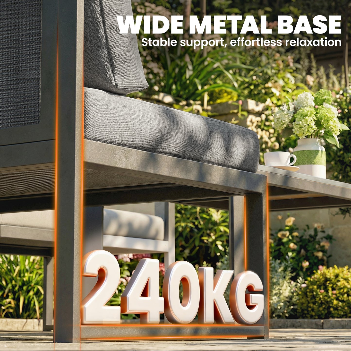 Outsunny 6 Seater Metal Garden Furniture Corner Sofa Set with 3 Loveseats, Faux Wood Table, Texteline Seat, Cushions, Dark Grey