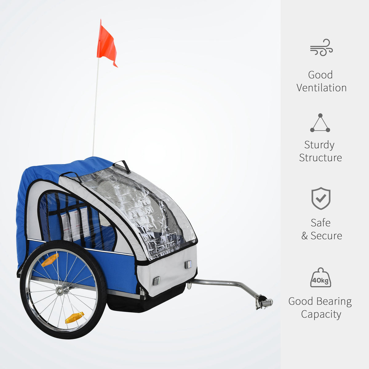 HOMCOM blue and white child bike trailer with mesh windows, clear cover and safety flag