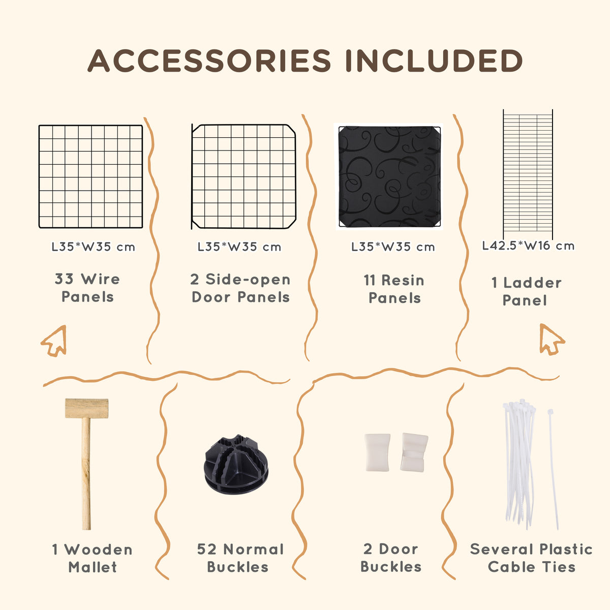 Black pet playpen kit includes wire panels, resin panels, ladder, connectors, mallet, and cable ties.