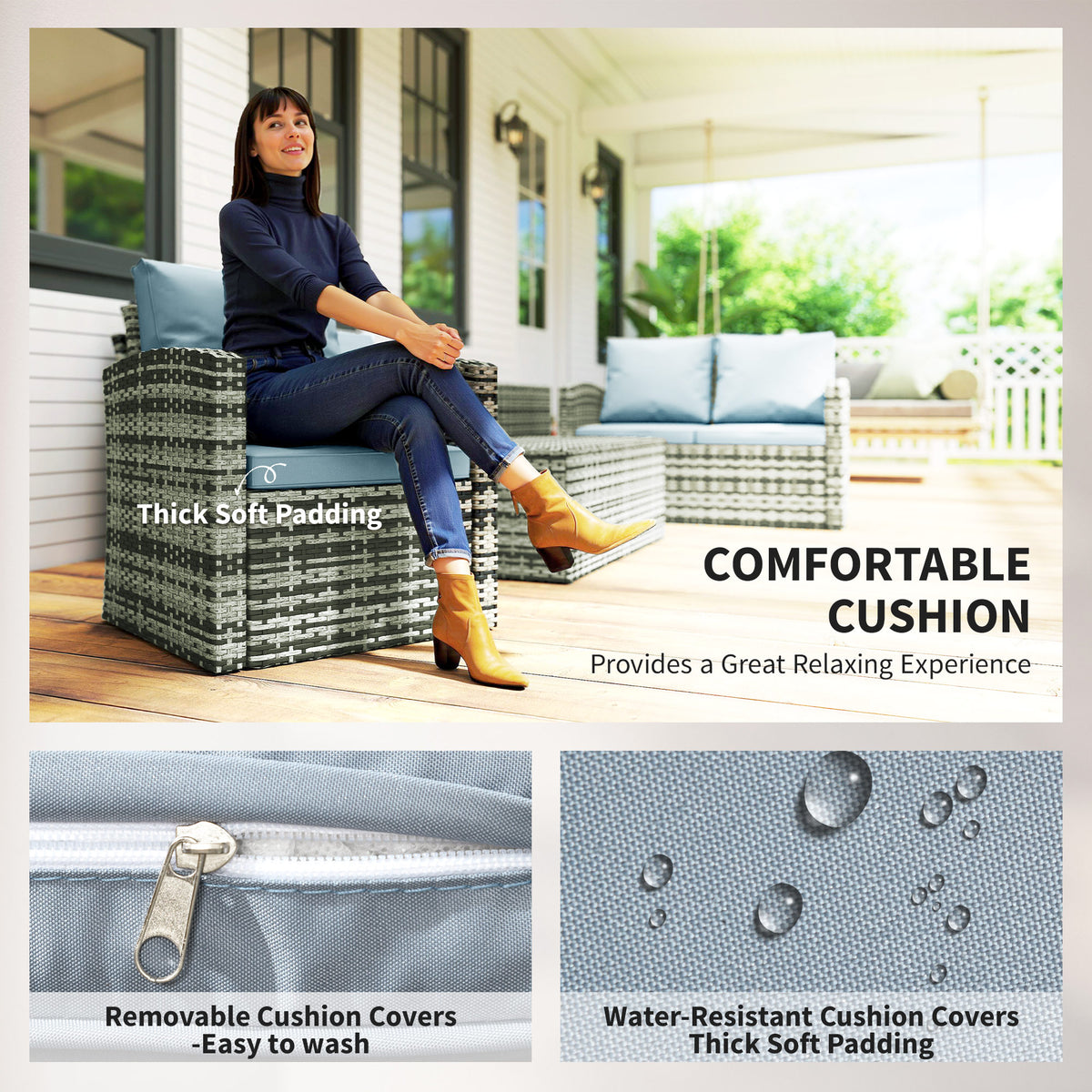 Wicker armchair with thick pale blue cushion and close-ups of removable, water-resistant cushion covers