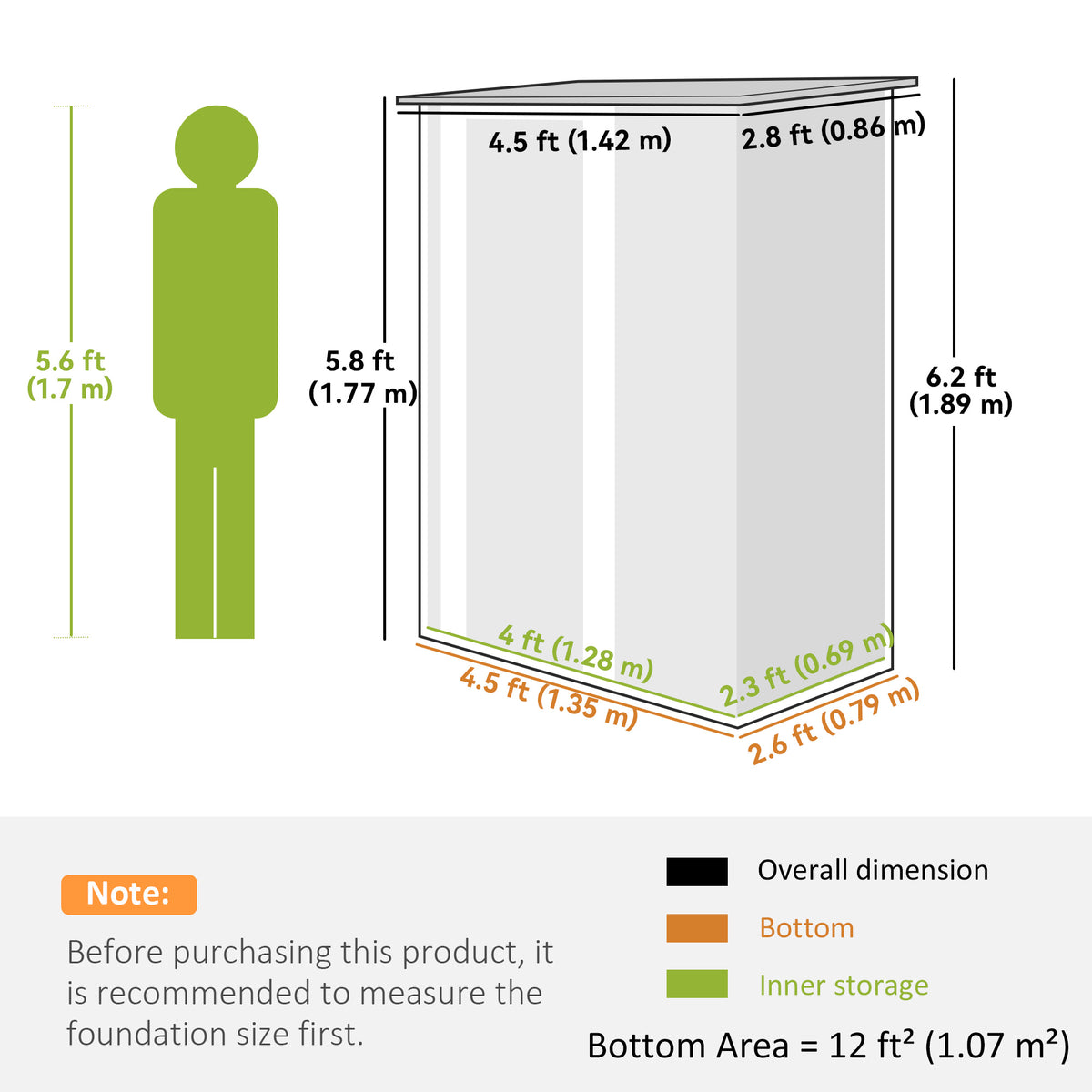 Garden shed dimension diagram showing overall size and interior storage measurements