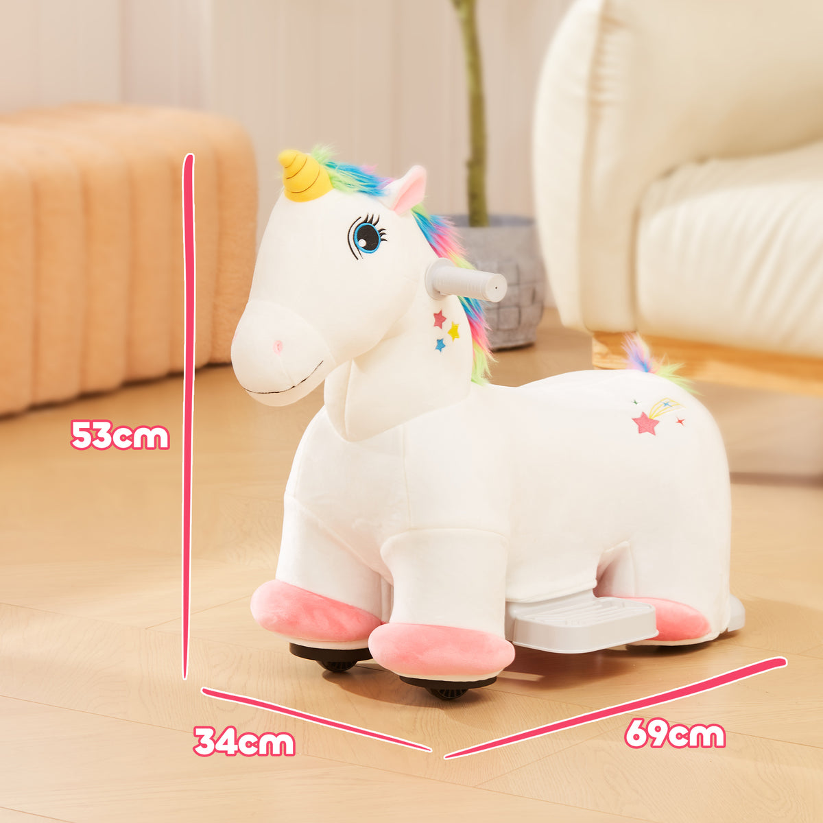 AIYAPLAY plush ride-on unicorn with pedal platform; measures 69 cm long, 34 cm wide and 53 cm tall