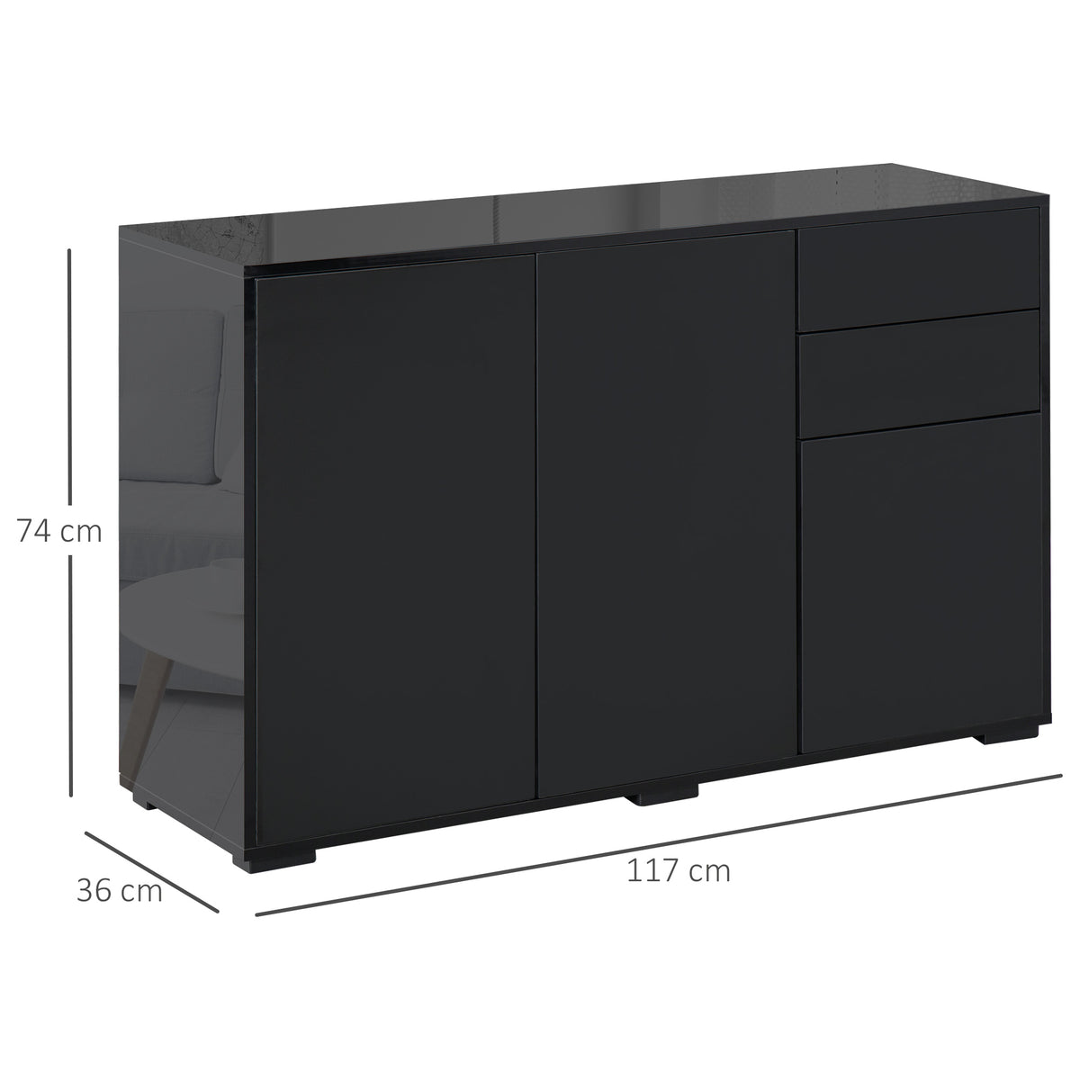Black side cabinet with two doors and two drawers, measuring 117 x 74 x 36 cm