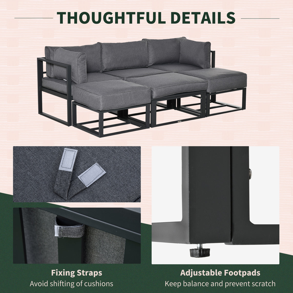 Outsunny 6 Piece Outdoor Couch, Sectional Sofa Set with Aluminum Patio Conversation Furniture, Grey