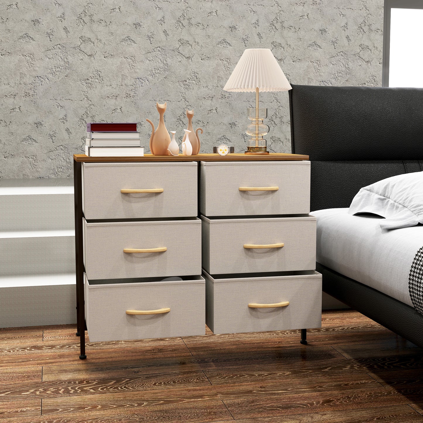 Six-drawer fabric dresser with drawers pulled open
