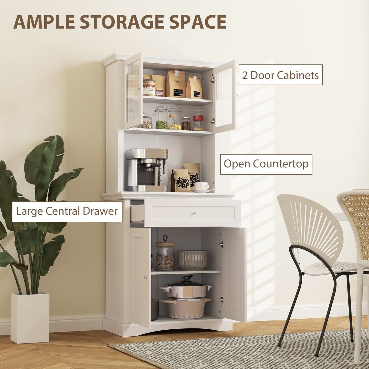 White kitchen cupboard with open upper and lower cabinets, open counter and central drawer