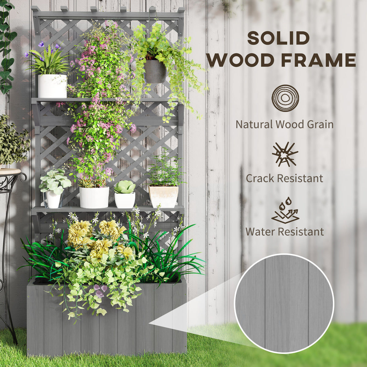 Outsunny grey wooden planter with trellis and shelves, shown with plants and wood grain