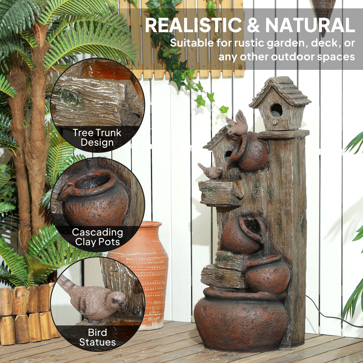 Outsunny fountain showing tree trunk texture, cascading pots and bird statues