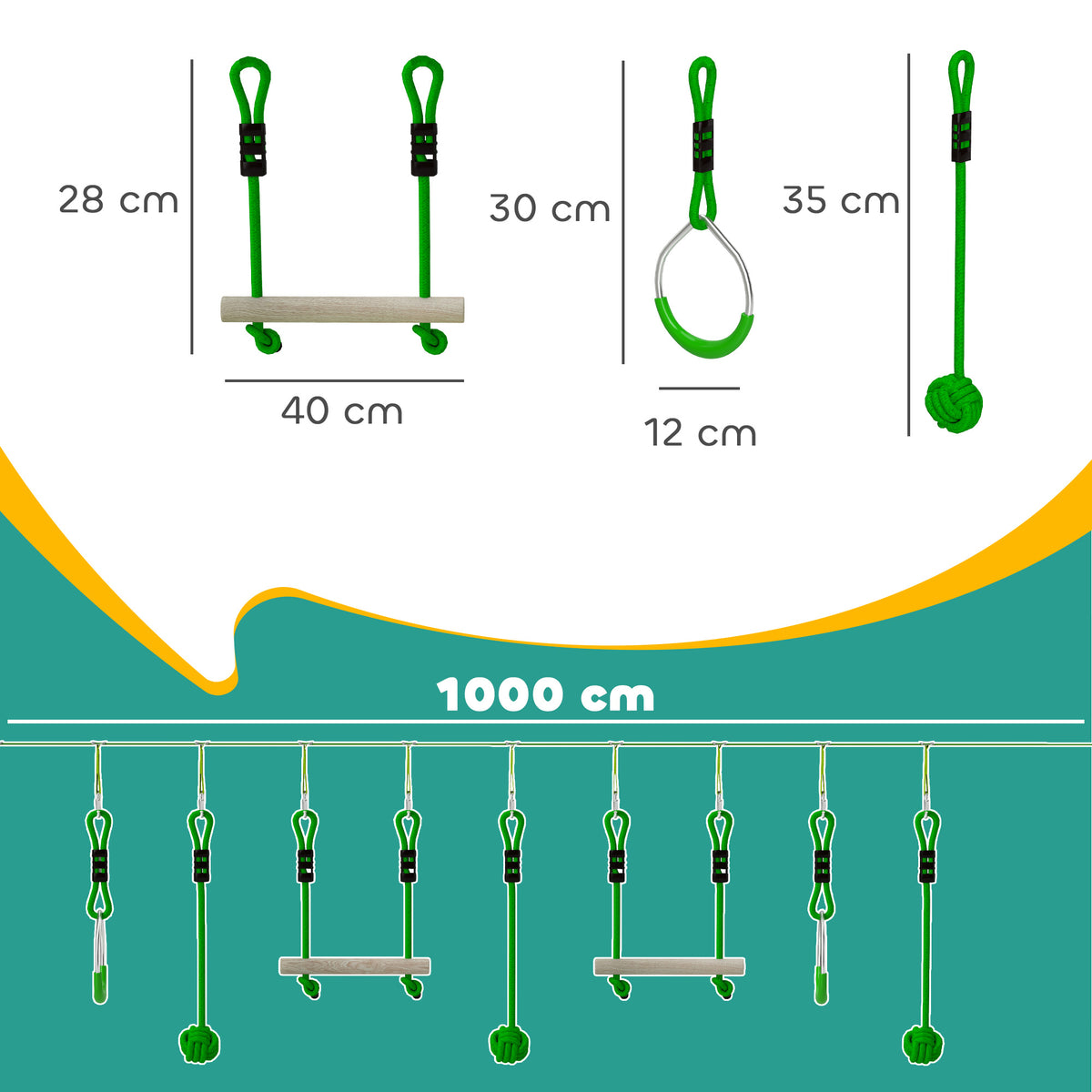 AIYAPLAY zip line kit dimensions, showing monkey bars, a metal ring, rope ball, and 10 m line