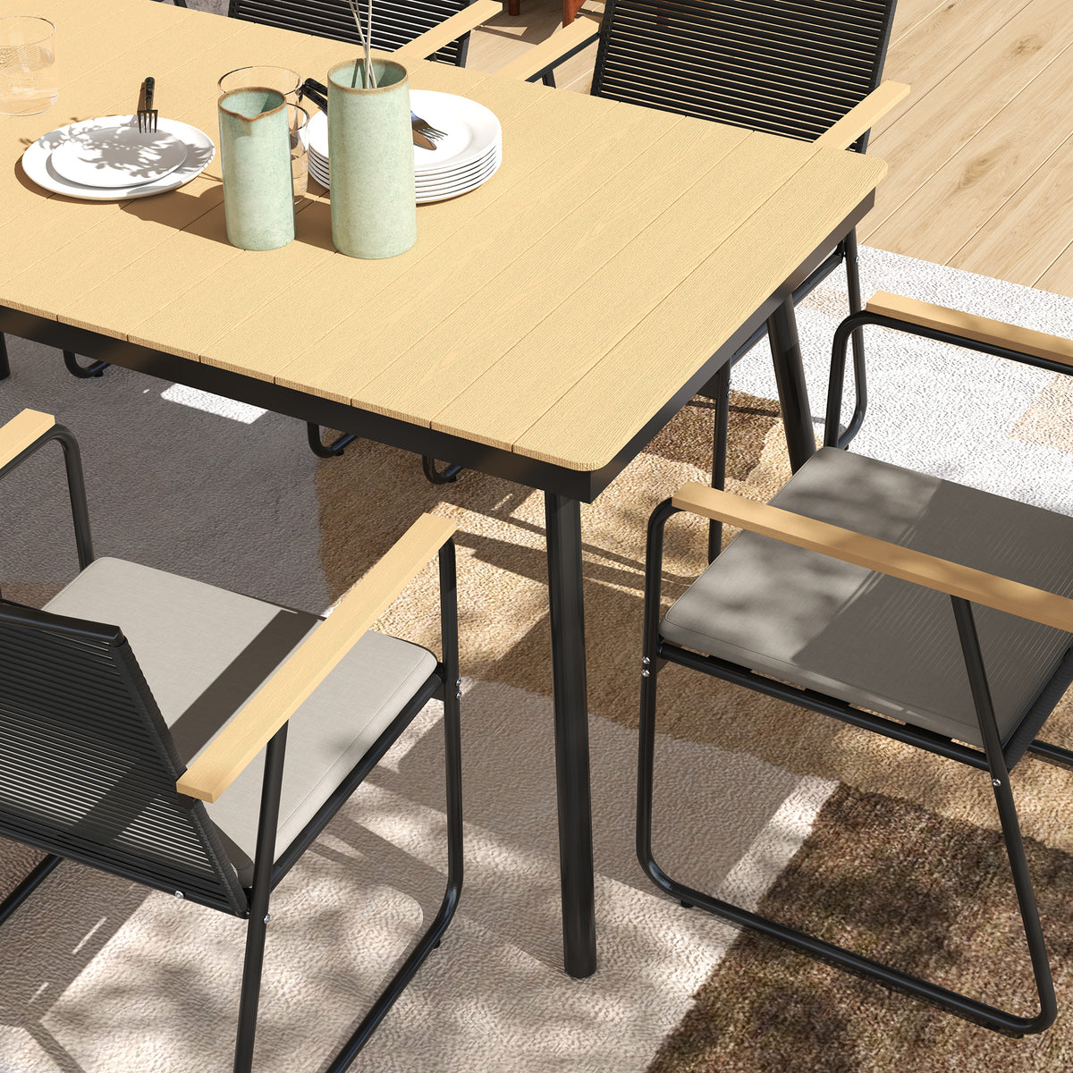 Outsunny 6‑Seater Garden Dining Set with Cushions, Rattan Backrest, Plastic Top, Garden Furniture Set, Natural Wood Finish
