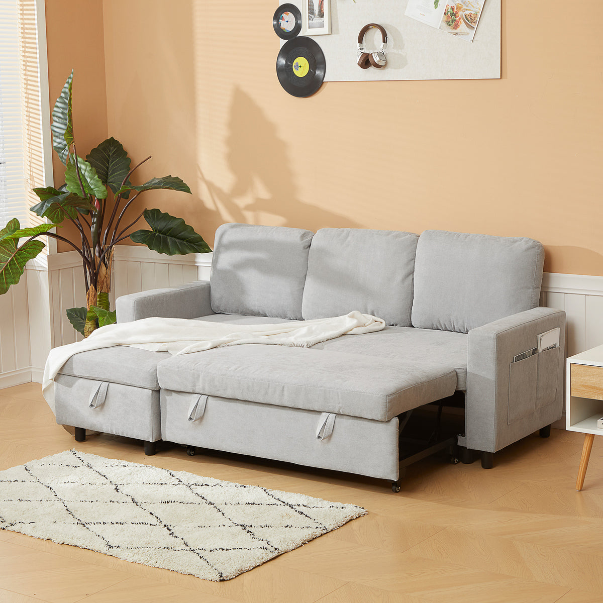 HOMCOM Pull Out Sofa Bed with Storage - Light Grey