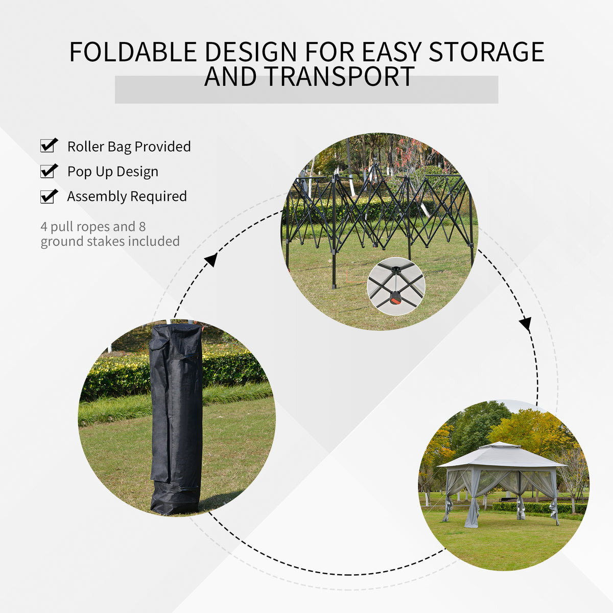 Pop-up gazebo shown folded into a black roller bag, with the frame expanding into a canopy.
