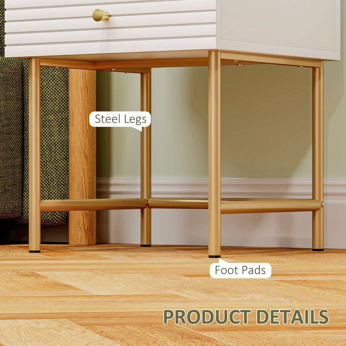 Bedside table detail showing gold-tone steel legs and protective foot pads
