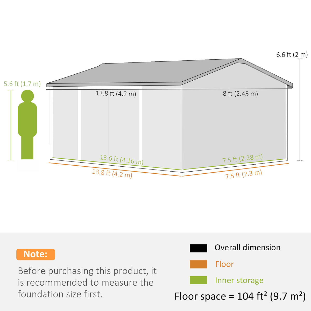 Outsunny metal garden shed dimension diagram with roof and floor measurements