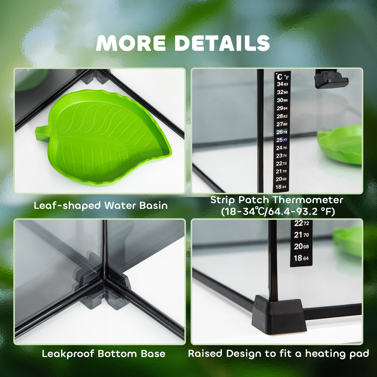 PawHut terrarium details: leaf-shaped water dish, strip thermometer, and raised base