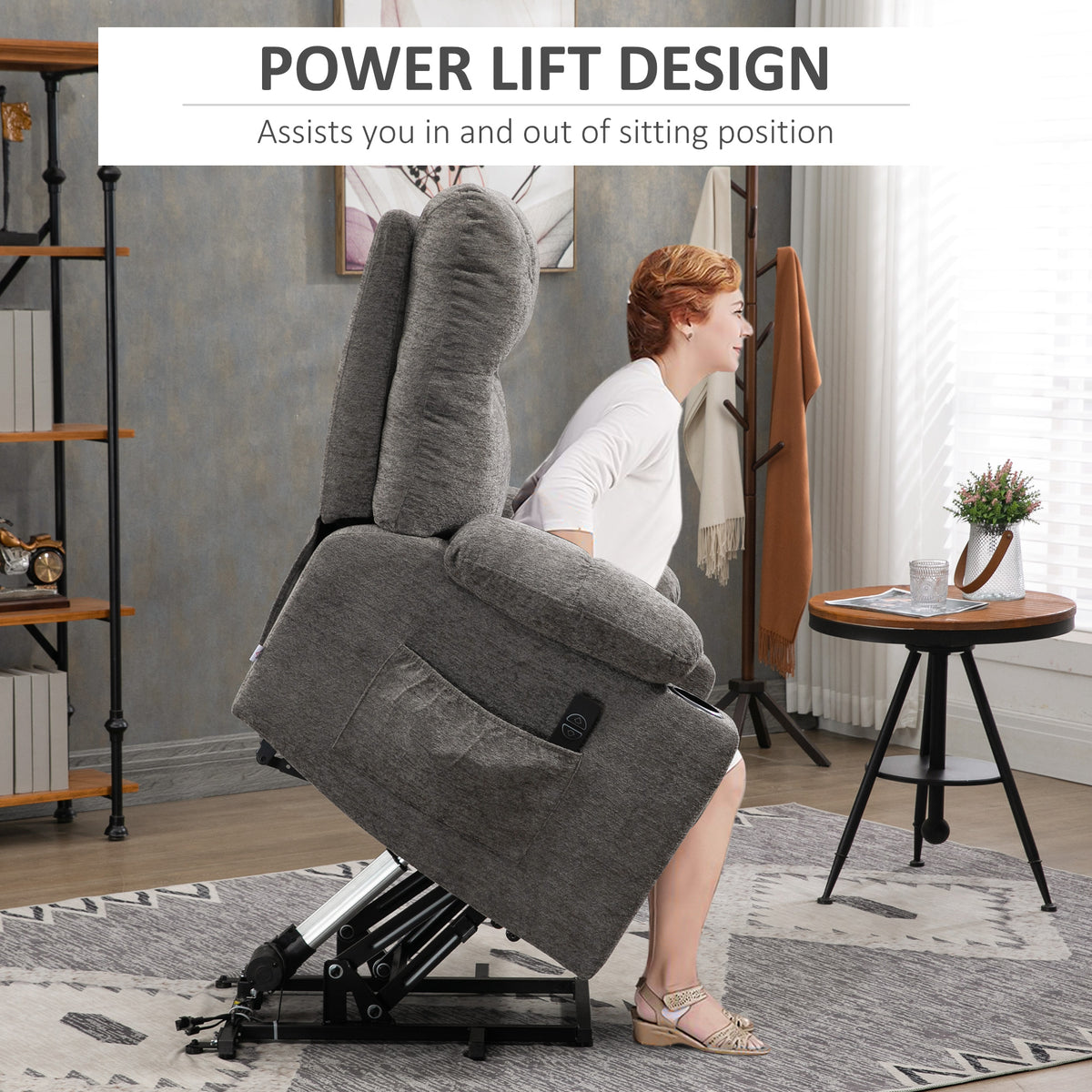 Grey power lift recliner chair tilting forward to help a person stand