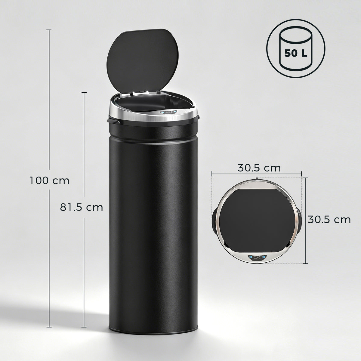 HOMCOM black 50L round sensor bin with open lid; dimensions shown