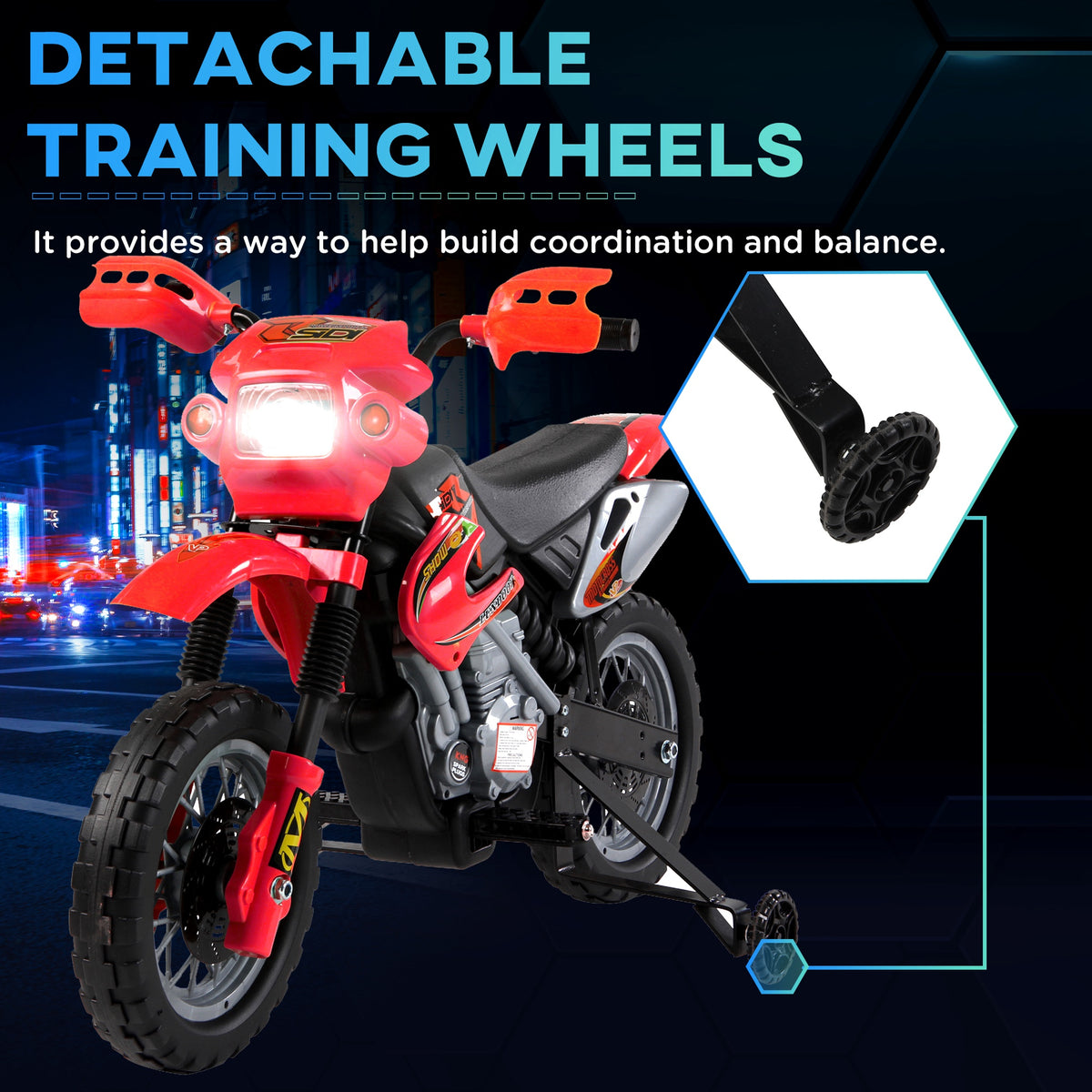 Red kids' ride-on motorcycle with detachable rear training wheels.