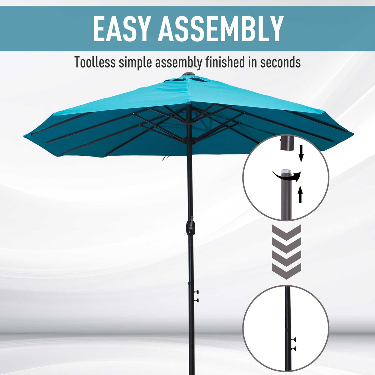 Outsunny double garden parasol with canopy and pole joint details for tool-free assembly