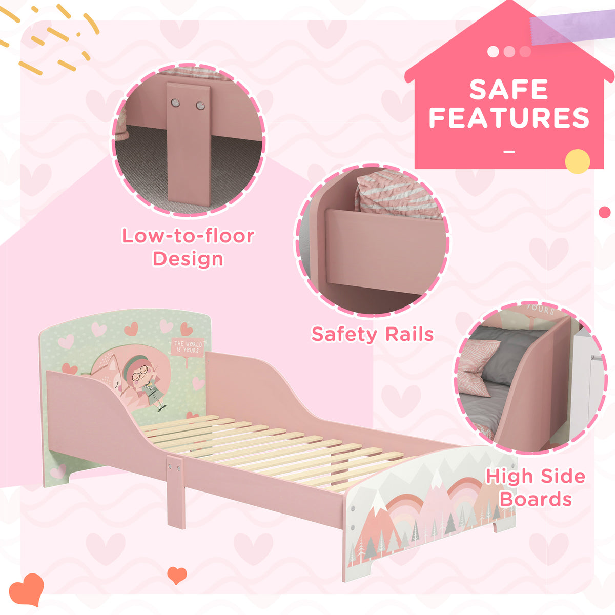 Pink toddler bed with safety rails, low-to-floor frame, and raised side boards