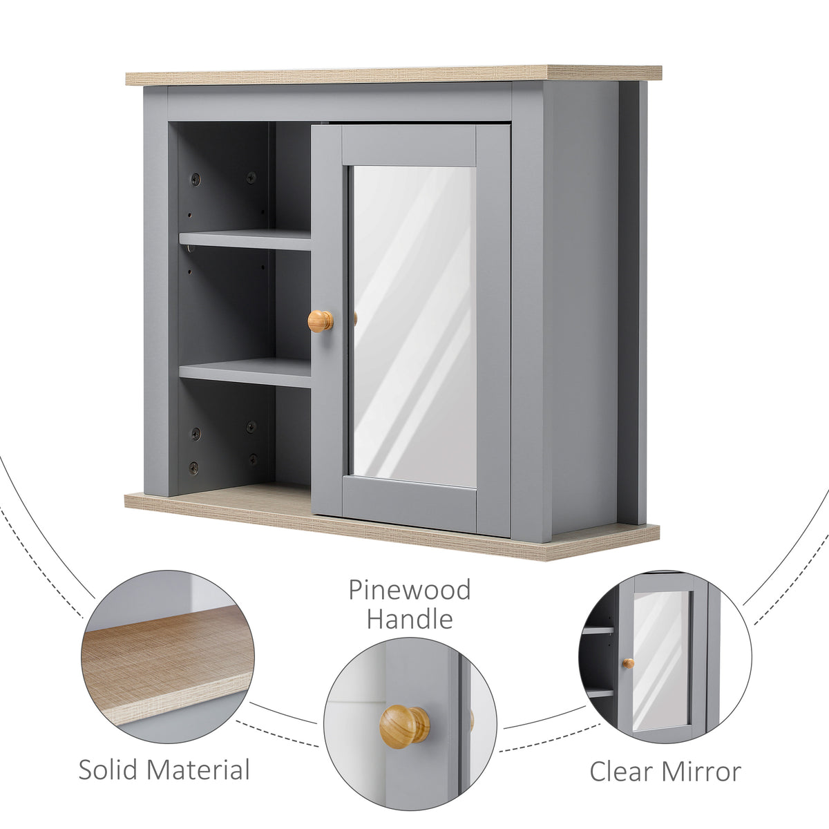 Gray wall mirror cabinet with wooden knob, open shelves, and light wood trim